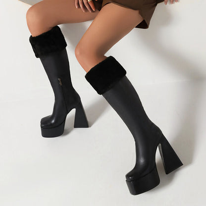 Ladies Square Toe Triangle Heel Platform Knee High Boots