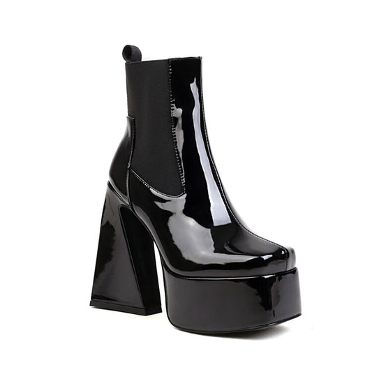 Glossy Square Toe Stretch Block Chunky Heel Platform Ankle Boots for Women