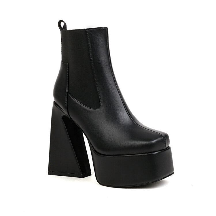 Glossy Square Toe Stretch Block Chunky Heel Platform Ankle Boots for Women