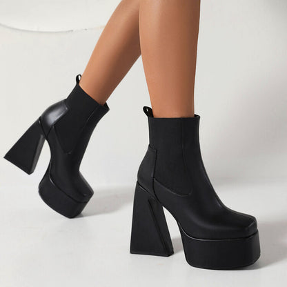 Glossy Square Toe Stretch Block Chunky Heel Platform Ankle Boots for Women