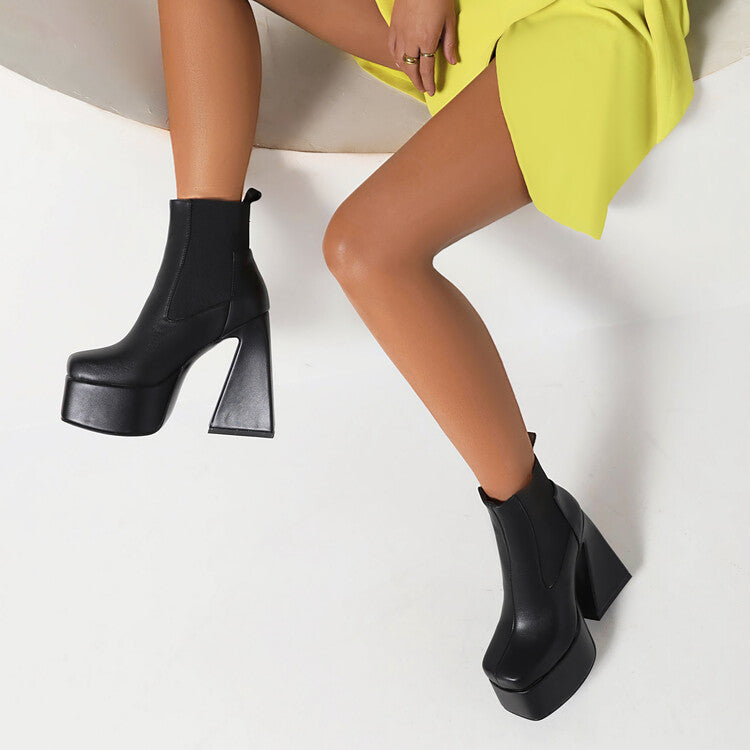 Glossy Square Toe Stretch Block Chunky Heel Platform Ankle Boots for Women