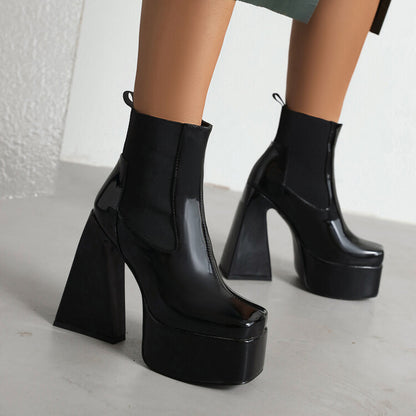 Glossy Square Toe Stretch Block Chunky Heel Platform Ankle Boots for Women