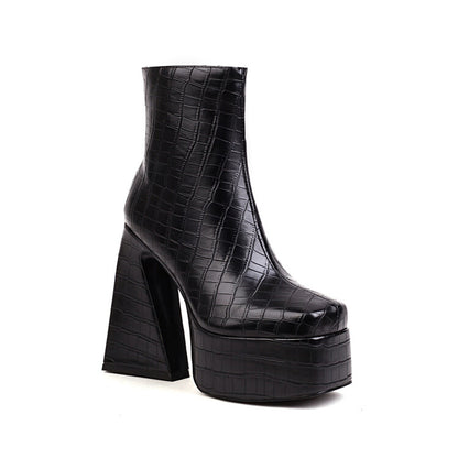 Pu Leather Square Toe Side Zippers Triangle Heel Platform Ankle Boots for Women