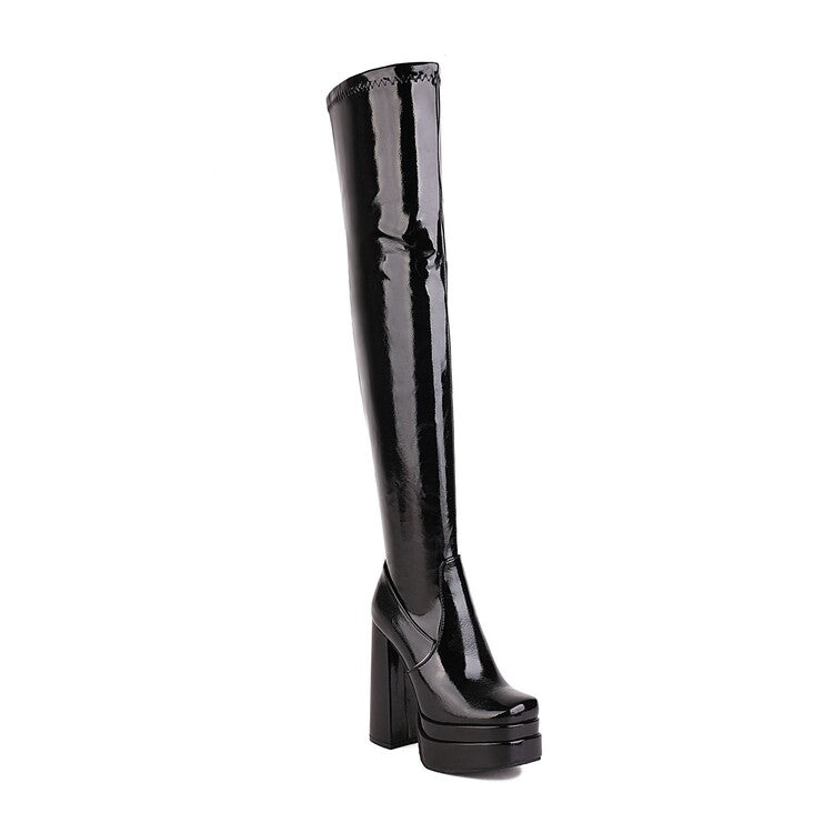 Glossy Square Toe Side Zippers Block Chunky Heel Platform Over the Knee Boots for Women