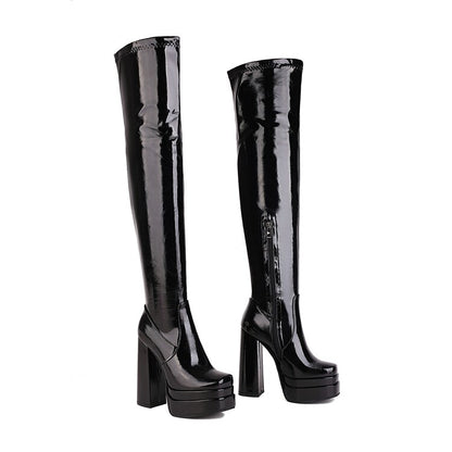 Glossy Square Toe Side Zippers Block Chunky Heel Platform Over the Knee Boots for Women