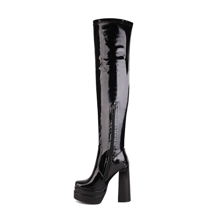 Glossy Square Toe Side Zippers Block Chunky Heel Platform Over the Knee Boots for Women