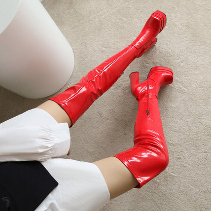 Glossy Square Toe Side Zippers Block Chunky Heel Platform Over the Knee Boots for Women