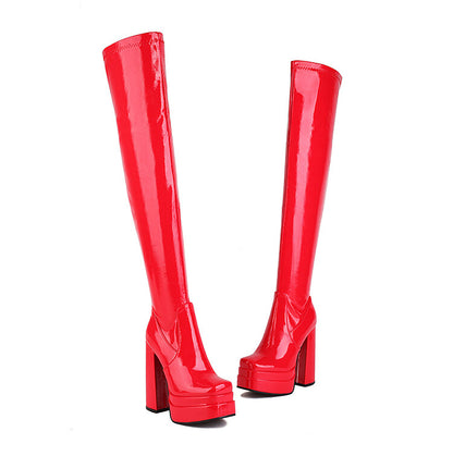 Glossy Square Toe Side Zippers Block Chunky Heel Platform Over the Knee Boots for Women