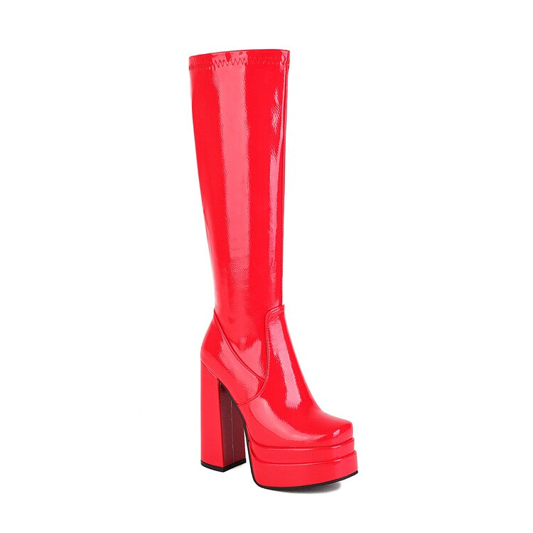 Glossy Square Toe Block Chunky Heel Platform Knee High Boots for Women