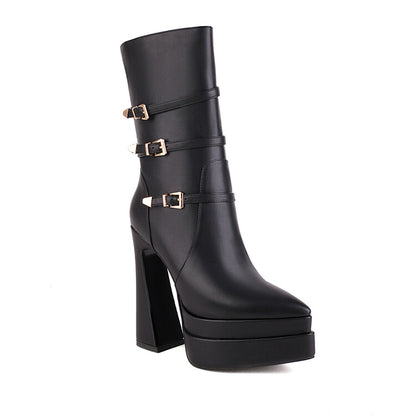 Ladies Pointed Toe Buckle Straps Side Zippers Spool Heel Platform Mid Calf Boots