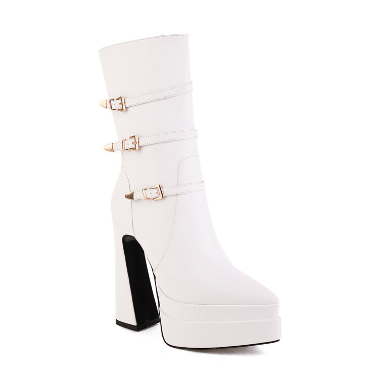 Ladies Pointed Toe Buckle Straps Side Zippers Spool Heel Platform Mid Calf Boots