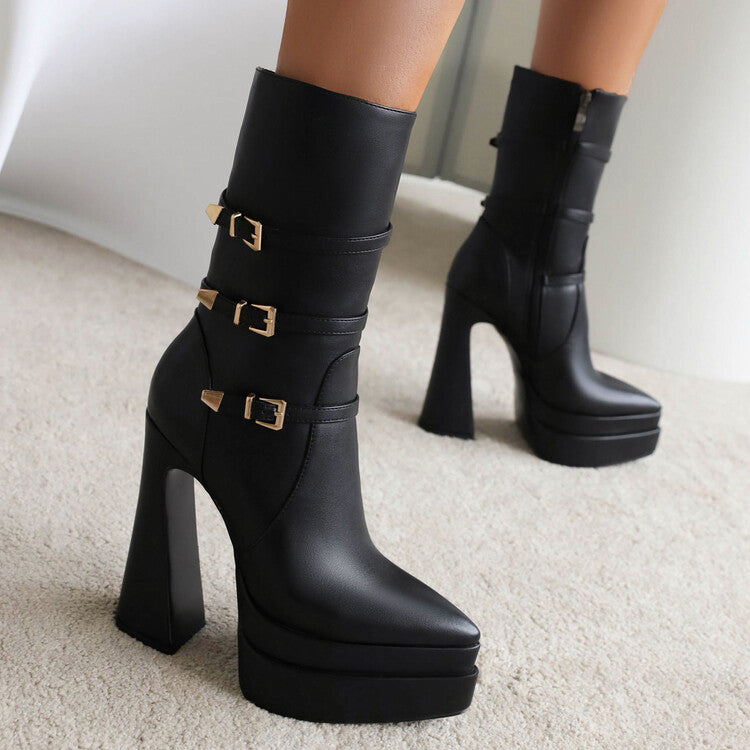 Ladies Pointed Toe Buckle Straps Side Zippers Spool Heel Platform Mid Calf Boots