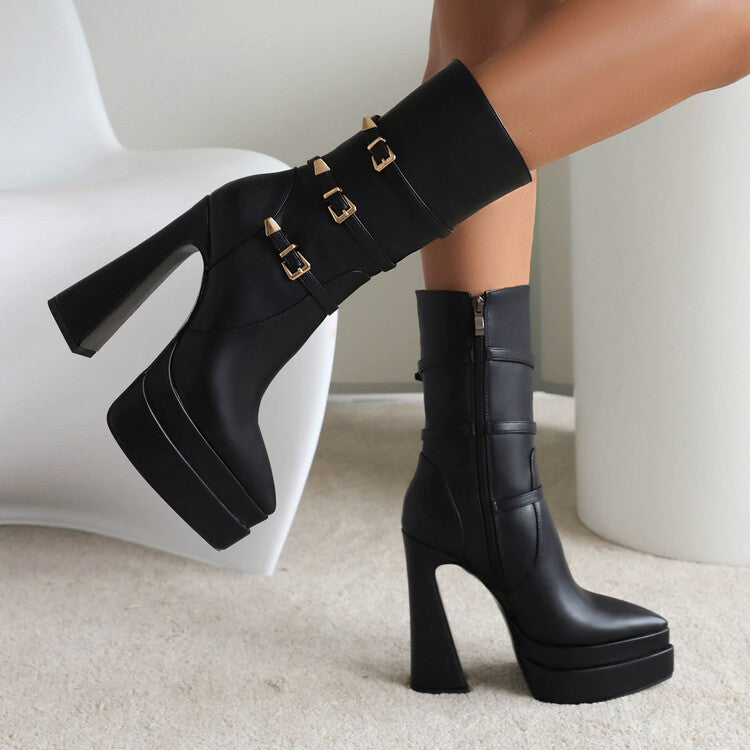 Ladies Pointed Toe Buckle Straps Side Zippers Spool Heel Platform Mid Calf Boots