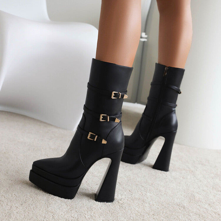 Ladies Pointed Toe Buckle Straps Side Zippers Spool Heel Platform Mid Calf Boots