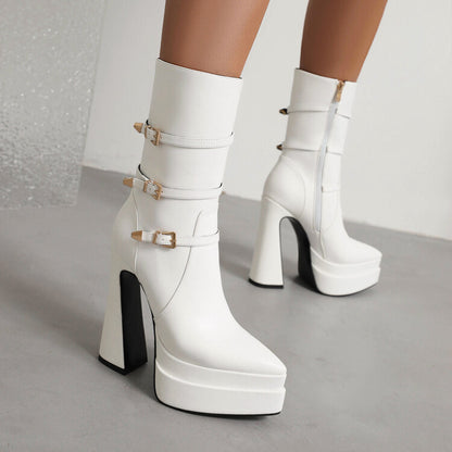 Ladies Pointed Toe Buckle Straps Side Zippers Spool Heel Platform Mid Calf Boots