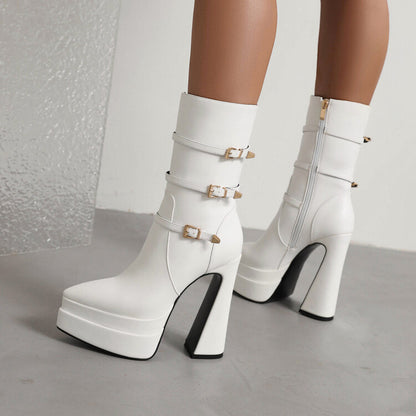 Ladies Pointed Toe Buckle Straps Side Zippers Spool Heel Platform Mid Calf Boots