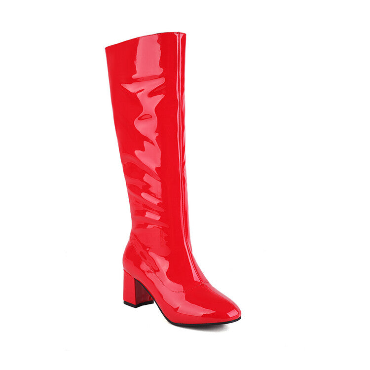 Glossy Round Toe Side Zippers Block Chunky Heel Knee High Boots for Women