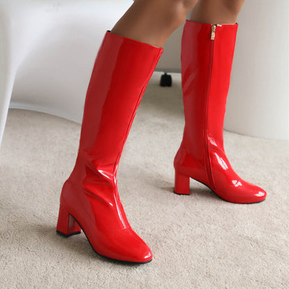 Glossy Round Toe Side Zippers Block Chunky Heel Knee High Boots for Women