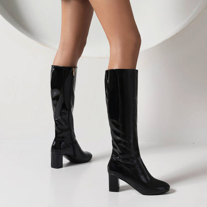 Glossy Round Toe Side Zippers Block Chunky Heel Knee High Boots for Women