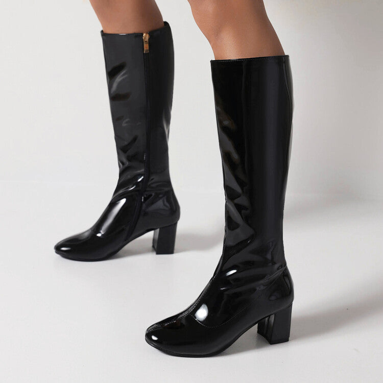 Glossy Round Toe Side Zippers Block Chunky Heel Knee High Boots for Women