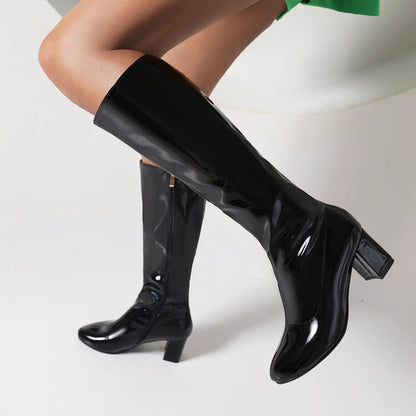 Glossy Round Toe Side Zippers Block Chunky Heel Knee High Boots for Women