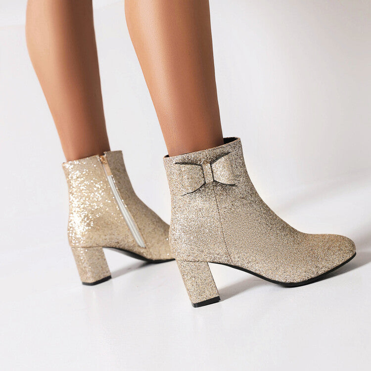 Sparkling Sequins Round Toe Bow Tie Side Zippers Block Chunky Heel Short Boots for Women