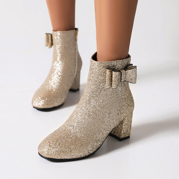 Sparkling Sequins Round Toe Bow Tie Side Zippers Block Chunky Heel Short Boots for Women