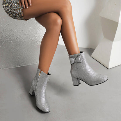 Sparkling Sequins Round Toe Bow Tie Side Zippers Block Chunky Heel Short Boots for Women