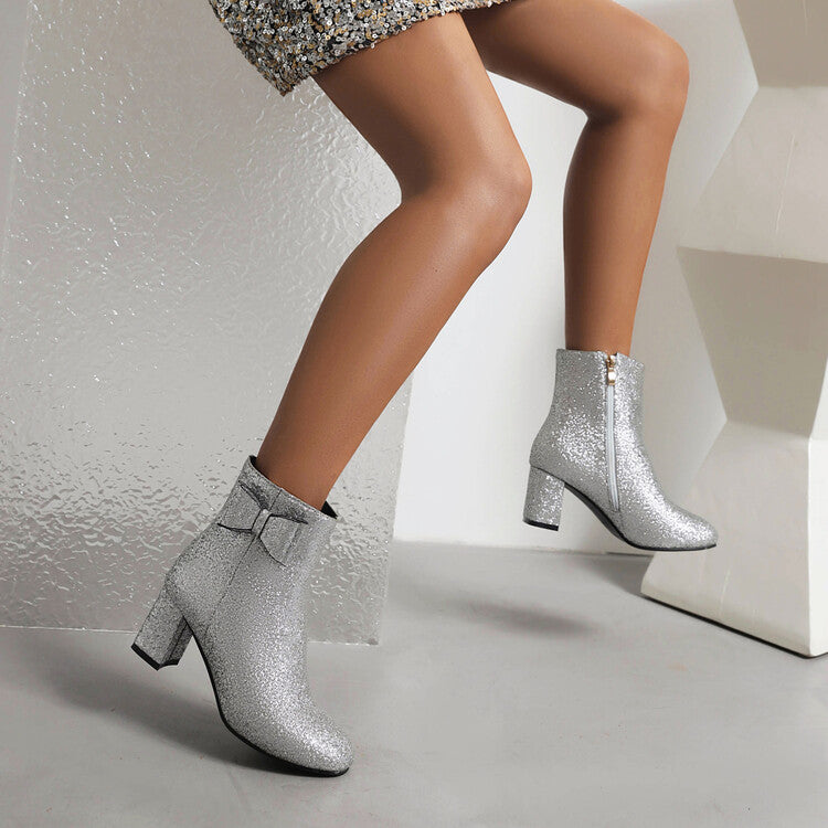 Sparkling Sequins Round Toe Bow Tie Side Zippers Block Chunky Heel Short Boots for Women