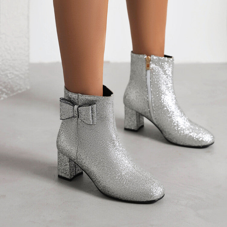 Sparkling Sequins Round Toe Bow Tie Side Zippers Block Chunky Heel Short Boots for Women