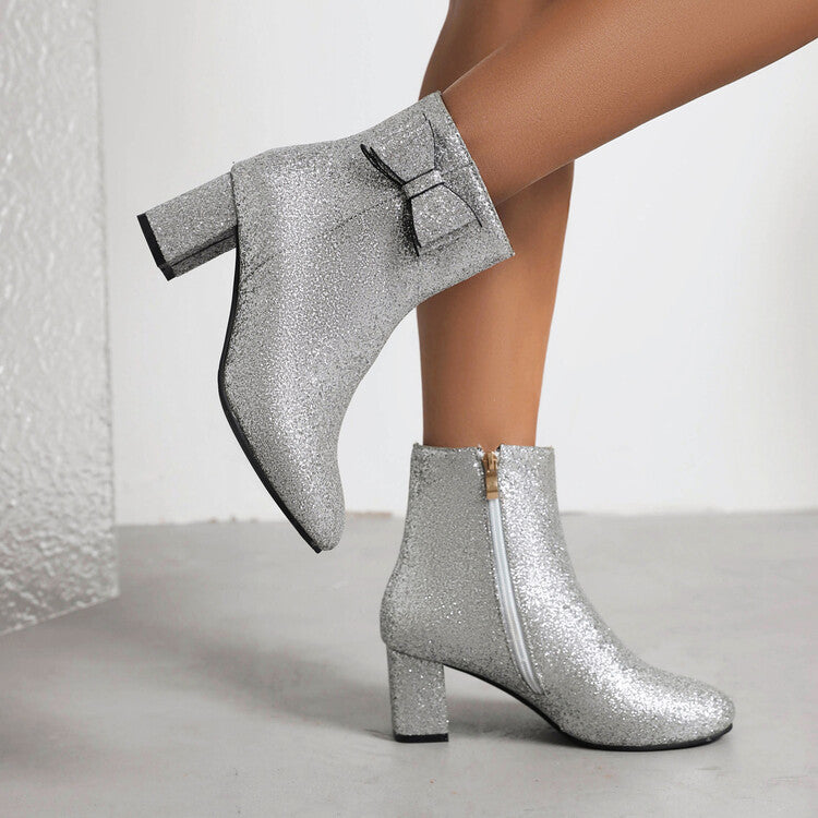 Sparkling Sequins Round Toe Bow Tie Side Zippers Block Chunky Heel Short Boots for Women