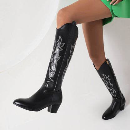 Embroidery Side Zippers Puppy Heel Cowboy Knee High Boots for Women