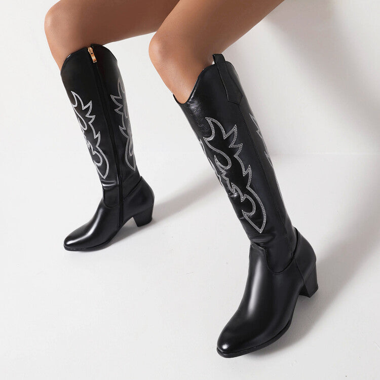 Embroidery Side Zippers Puppy Heel Cowboy Knee High Boots for Women