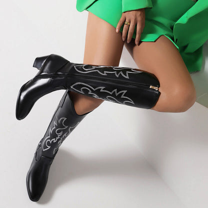 Embroidery Side Zippers Puppy Heel Cowboy Knee High Boots for Women