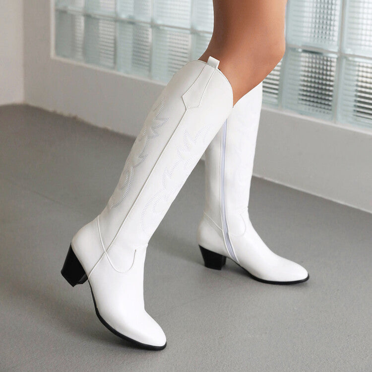 Embroidery Side Zippers Puppy Heel Cowboy Knee High Boots for Women