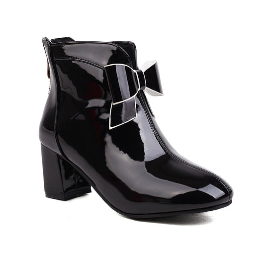 Round Toe Bow Tie Block Chunky Heel Short Boots for Women