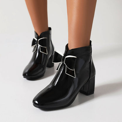 Round Toe Bow Tie Block Chunky Heel Short Boots for Women