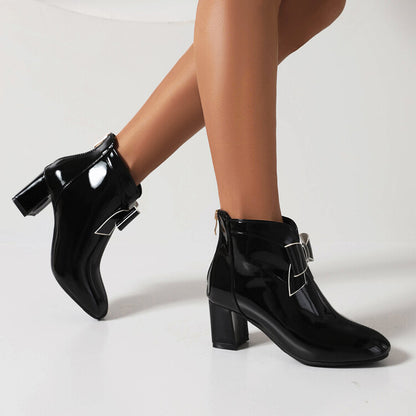 Round Toe Bow Tie Block Chunky Heel Short Boots for Women