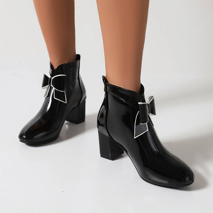 Round Toe Bow Tie Block Chunky Heel Short Boots for Women