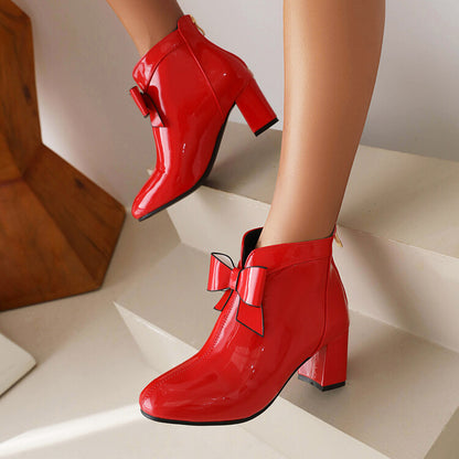 Round Toe Bow Tie Block Chunky Heel Short Boots for Women