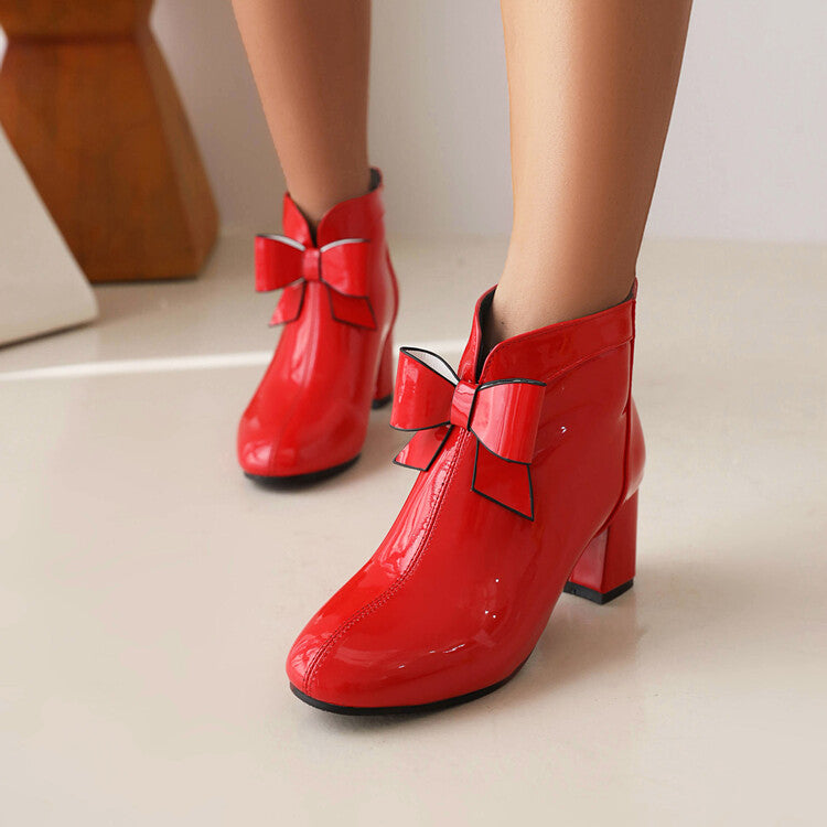 Round Toe Bow Tie Block Chunky Heel Short Boots for Women