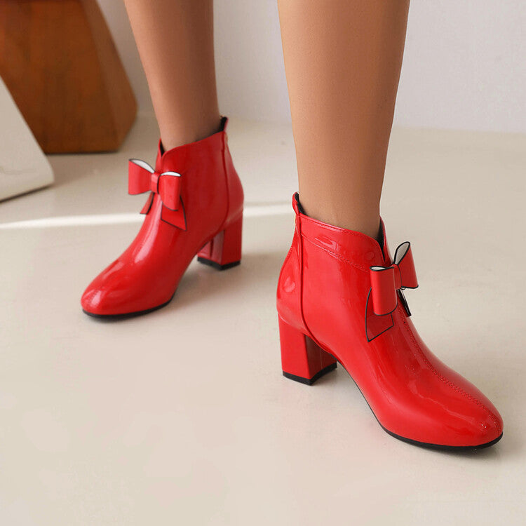 Round Toe Bow Tie Block Chunky Heel Short Boots for Women