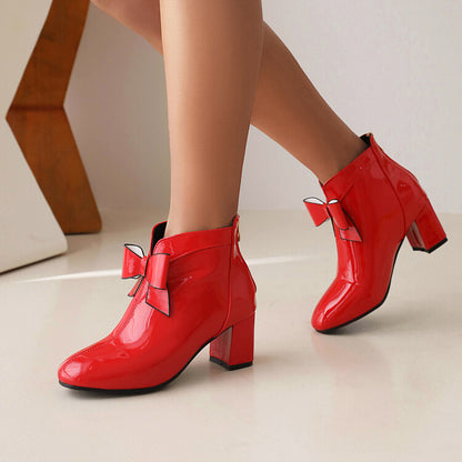 Round Toe Bow Tie Block Chunky Heel Short Boots for Women