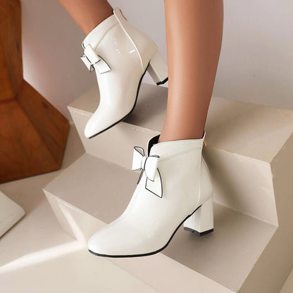 Round Toe Bow Tie Block Chunky Heel Short Boots for Women