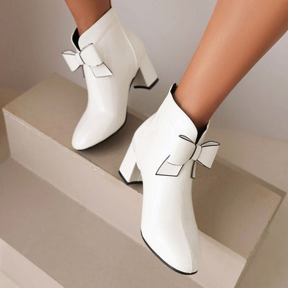 Round Toe Bow Tie Block Chunky Heel Short Boots for Women