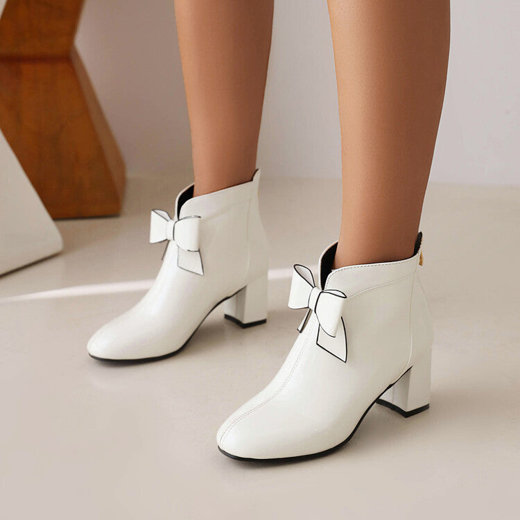 Round Toe Bow Tie Block Chunky Heel Short Boots for Women