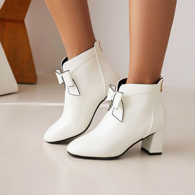 Round Toe Bow Tie Block Chunky Heel Short Boots for Women