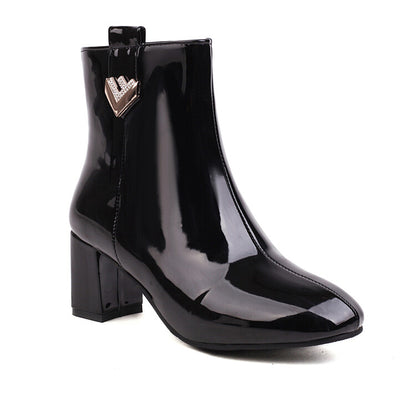 Pu Leather Side Zippers Rhinestone Block Chunky Heel Short Boots for Women