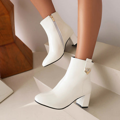 Pu Leather Side Zippers Rhinestone Block Chunky Heel Short Boots for Women