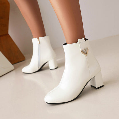 Pu Leather Side Zippers Rhinestone Block Chunky Heel Short Boots for Women